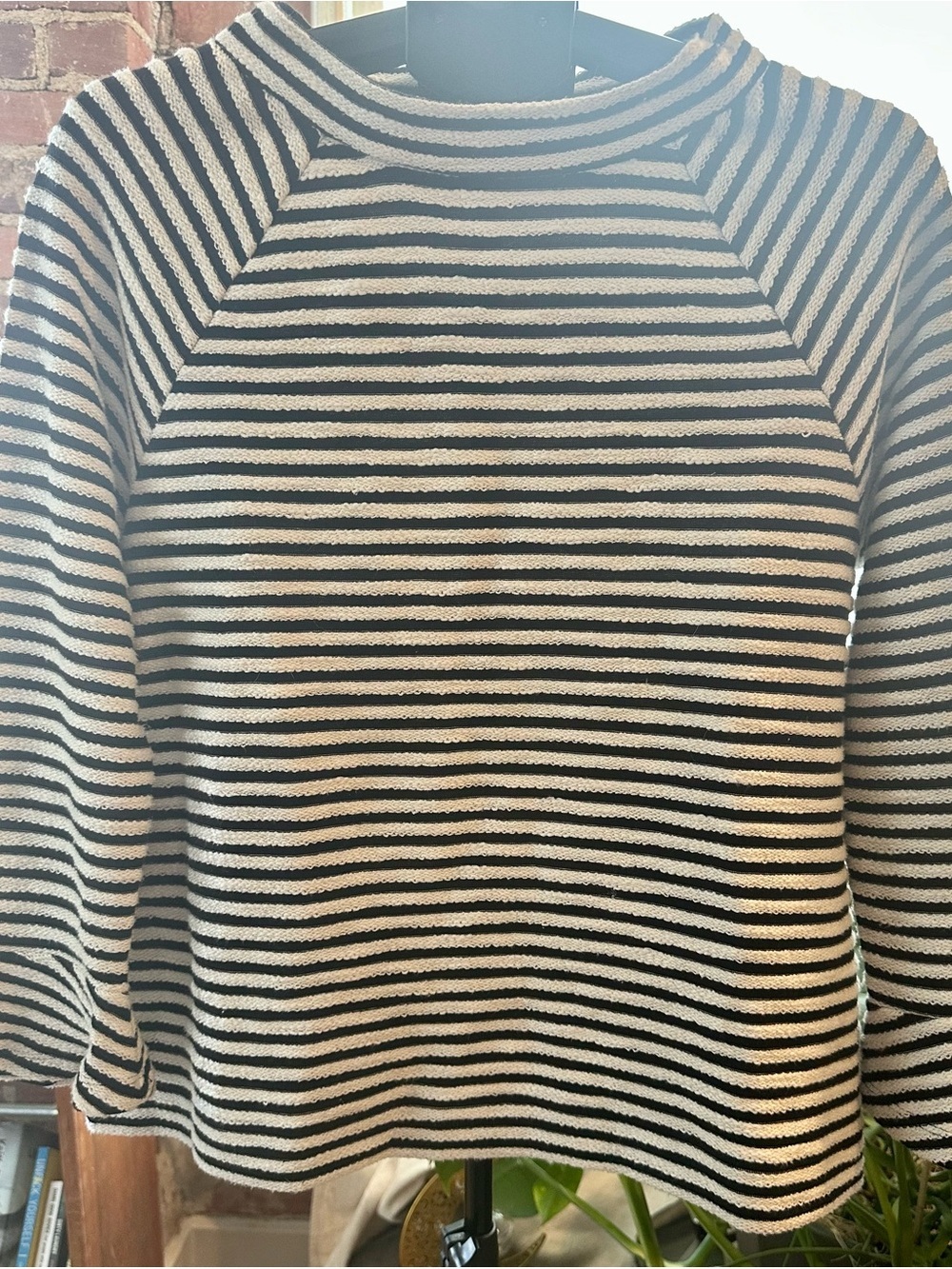 LOFT Black and Cream Striped Crewneck Sweater